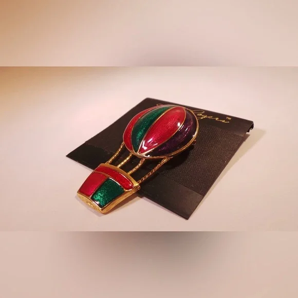 Kim Rogers Vintage Hot Air Balloon Gold Tone Brooch With Red, Purple, & Green. - Picture 7 of 11
